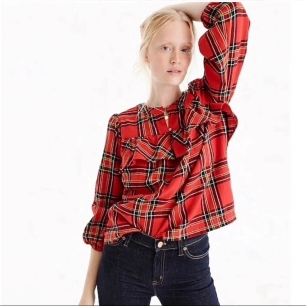 J. Crew Plaid Ruffled Top in Festival Red Small - Picture 3 of 12